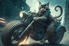 The Cat Drives A Motorcycle On The Street