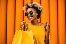 Close-up Shot Of Happy Young Fashionista Woman Holding Bag While Shopping. Generative AI
