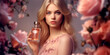Beautiful blonde woman with perfume bottle on pink floral background. AI generated