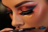 Close - up shot of a makeup artist applying a bold and dramatic winged eyeliner.  Generative AI