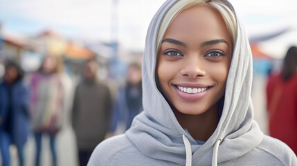 Wall Mural - everyday life or city life, young adult woman, medium-length hairstyle, blonde-white hair color, light grey hoodie, in a side street in a city, crowd busy people