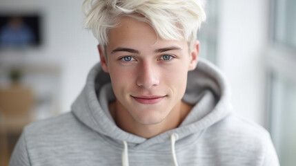 young adult man or teenage boy, with hair dyed blond, wearing a light gray hoodie, at home, in the background a living room