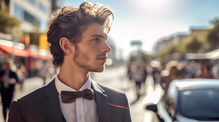 Poster - young adult male, thin and slender, wearing suit, caucasian, crossing a street, fictional location