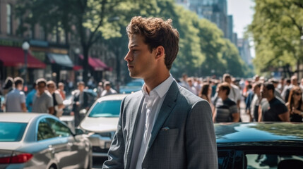 Poster - young adult male, thin and slender, wearing suit, caucasian, crossing a street, fictional location