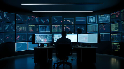 Wall Mural - A dynamic stock market graph displayed on multiple screens, illuminated by vibrant neon lights in a dimly lit room, with traders analyzing the data intensely, capturing the fast-paced and competitive 