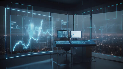 Wall Mural - A dynamic stock market graph displayed on multiple screens, illuminated by vibrant neon lights in a dimly lit room, with traders analyzing the data intensely, capturing the fast-paced and competitive 