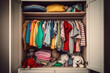 Children's wardrobe clothes in the closet. Generative AI technology.