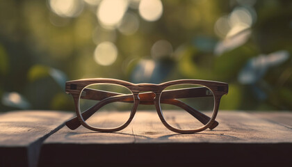 Canvas Print - Eyeglass frames on a wooden table against a blurred landscape. Generative AI