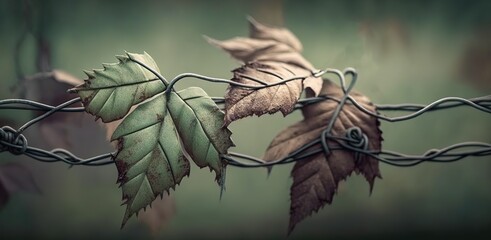 Wall Mural - green grass in the backdrop, with dead leaves dangling from barbed wire.