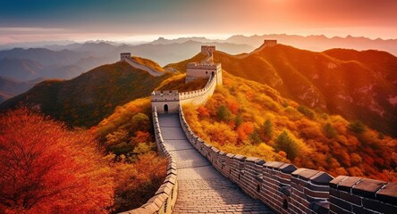 Wall Mural - Autumn's Embrace, The Majestic Great Wall of China Painted in Nature's Vibrant Hues, Generative AI