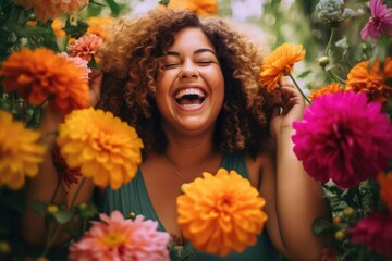 Wall Mural - A creative shot of a plus - size woman surrounded by vibrant and colorful flowers in a garden. Generative AI