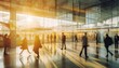 © Hugo - Busy airport terminal. Rushing people in train station. Abstract movement and transportation. Motion blur. Glass reflections, futuristic.