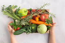 Organic Farm Vegetables In Wooden Box, Vegetarian Food Concept Child Hands
