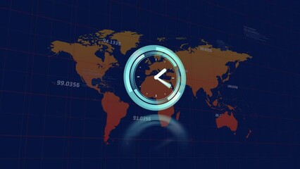 Wall Mural - Animation of neon ticking clock, data processing and world map against blue background