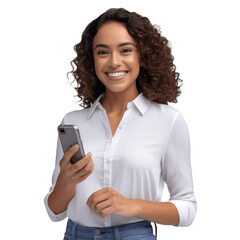 Portrait of a beautiful, young brunette woman holding a phone. Isolated on transparent background. No background.	
