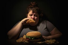 A Big Hamburger And An Overweight Woman. Awareness Of Obesity As A Result Of Unhealthy Eating Habits And Fast Food Consumption. Generative AI