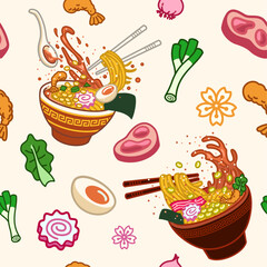 Easily modifiable vector elements of japanese food seamless pattern