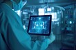 © piai - Doctor holding tablet smart hospital in operating room. Generative AI