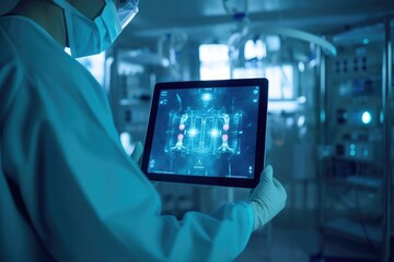 Wall Mural - Doctor holding tablet smart hospital in operating room. Generative AI