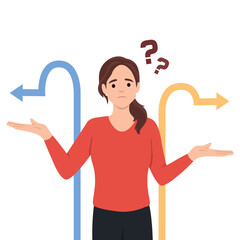 Choice, thinking, doubt, problem concept. Young pensive thoughtful confused doubtful woman girl cartoon character standing and choosing between two ways. Flat vector illustration isolated on white