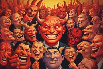 Wall Mural - Bunch of greedy evil politics with devil like eyes and horns laughing Generative AI