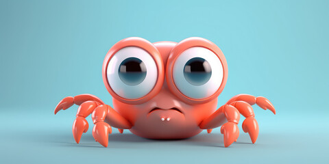 Wall Mural - Cute red crab cartoon 3d character. Pretty crab mascot with big eyes isolated on flat blue background with copy space, pastel colors. Cartoon animal illustration. 3d render Generative AI art.