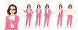 Casual beautiful business woman in different poses set. Various gestures pointing, showing, standing, holding empty blank board isolated vector illustration