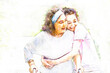 © lukyeee_nuttawut - Sketch and Drawing with watercolor painting of Asian senior woman walking with pian by walker, she living with Asian female physical therapist (nurse) take care.