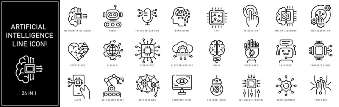 Wall Mural -  - Artificial intelligence icons. Set of brain, robot, ai, head line icon
