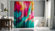 Bathroom interior idea with colorful watercolor curtain, abstract art AI generated