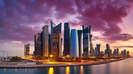 Panorama of Doha City Center Painted in Cloudy Twilight Hues. Generative AI