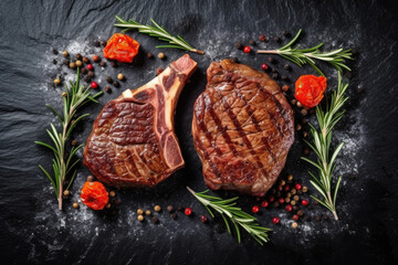 Wall Mural - Steak menu. Juicy grilled steaks on a black stone background: t-bone, striploin, Rib eye, new york steak. Top view. Rustic style.