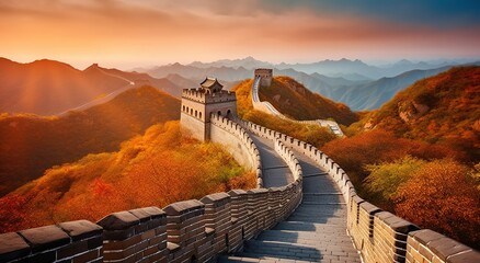 Wall Mural - Autumn's Embrace, The Majestic Great Wall of China Painted in Nature's Vibrant Hues, Generative AI