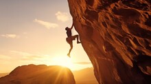 Rock Climber In The Evening A Young Man Of Caucasian Descent Ascends A Difficult Route On An Overhanging Cliff.The Generative AI