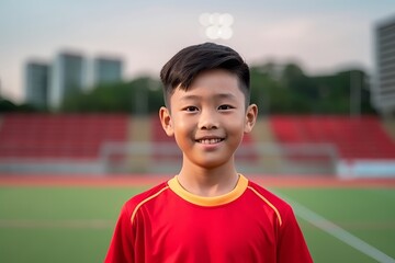 Wall Mural - Portrait of asian boy in red soccer jersey smiling at the stadium