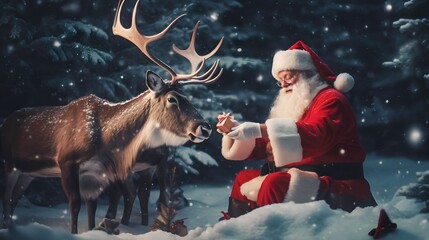 Wall Mural - deer animals with santa claus at Christmas forest full of magic, Generative AI