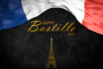 French flag on a black background with a golden Eiffel Tower and plenty of space for your own text. Happy Bastille Day on July 14th.