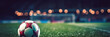 Fussball auf dem Fussballrasen in einem Stadion bei Flutlicht in der Nacht, Hintergrund Banner, Generative AI