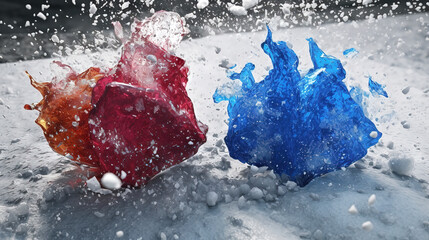 two pieces of ice in red and blue, ai generated image