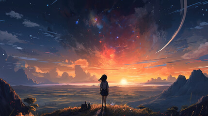 Wall Mural - a girl watching the majestic sunset in a scifi universe, ai generated image