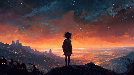 Wall Mural - a young cute anime girl standing at the top of a fantasy world at sunset, ai generated image