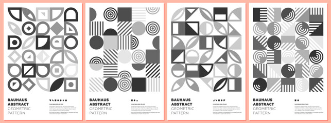 Abstract geometric bauhaus style shapes combination poster set. Memphis elements pattern background collection. Retro modern trendy graphic paintings. Vintage simple art print designs. Vector eps