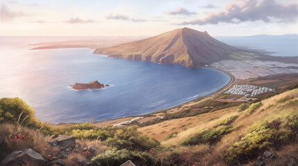 Wall Mural - a wonderful amazing landscape illustration of a beach, aerial anime illustration, ai generated image