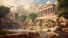 Landscape Ancient Greek Ruins And Waterfalls, Generative AI