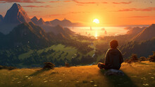 A Wonderful Landscape Illustration At Sunste, Man Watching The Horizon, Ai Generated Image