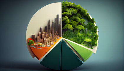 Pie chart with city and lush greenery environmental sustainability climate change, global warming concept Ai generated image