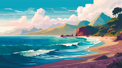 Wall Mural - beach coast with mountains and sea, vector illustration