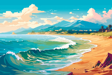 Wall Mural - beach coast with mountains and sea, vector illustration
