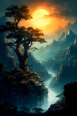 Wall Mural - The moon is set behind some trees and mountain. Generative AI