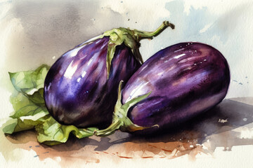 Wall Mural - A watercolour illustration of two eggplants. Created with Generative AI.